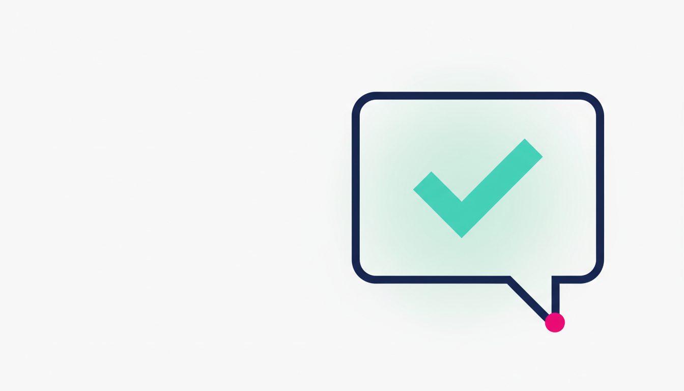 A chat bubble on the right with a teal checkmark, signalling an AI visibility check