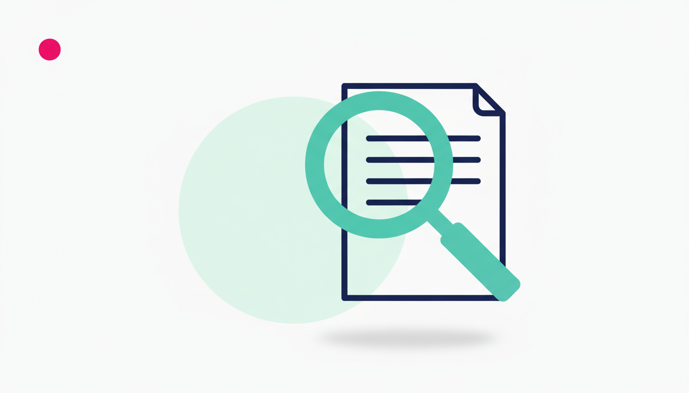 A document on the right with a teal magnifying glass hovering above it, signalling an audit