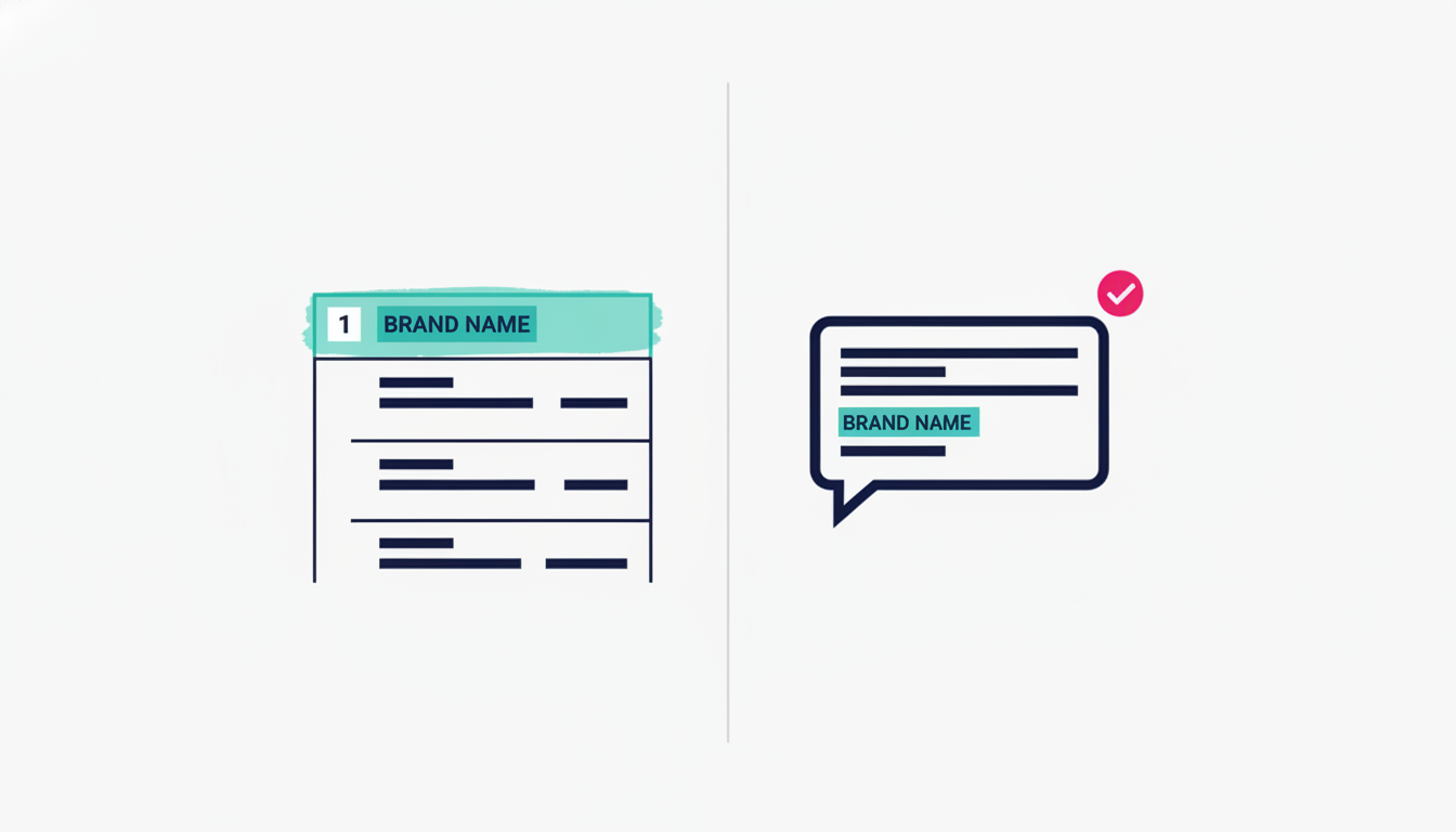 Two side-by-side panels showing Google search results and an AI chat answer; the same brand appears at the top of the search but is missing from the chat.