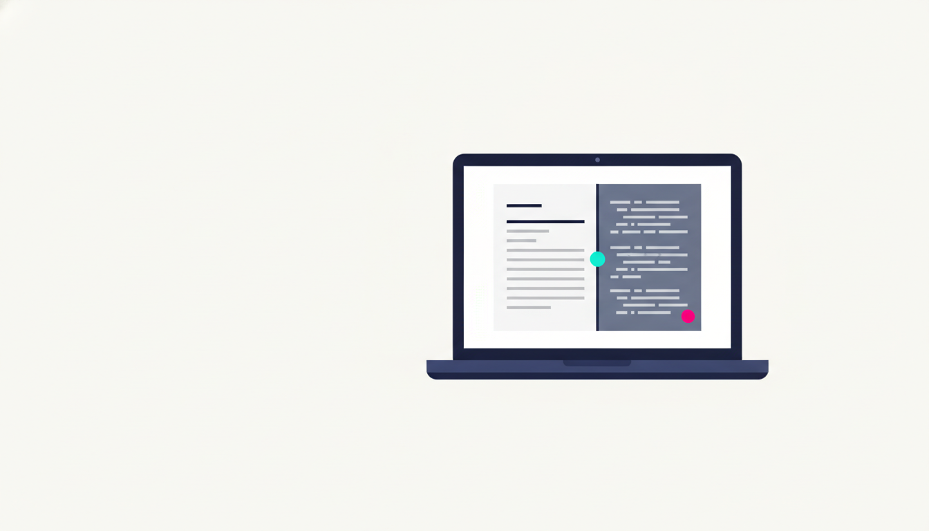 Editorial illustration of a navy laptop screen split into a finished page and the same page as faint code, with a teal dot marking the one spot where they differ